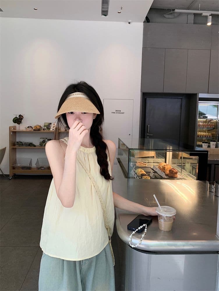 프랑스식 품격 고급 센스 행침 목 조끼 여성 여름 루즈핏 캐주얼 고유 한 Chic 주름 오프숄더 민소매 맨위 상세 이미지 9