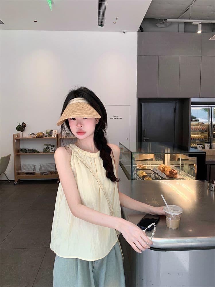 프랑스식 품격 고급 센스 행침 목 조끼 여성 여름 루즈핏 캐주얼 고유 한 Chic 주름 오프숄더 민소매 맨위 상세 이미지 10