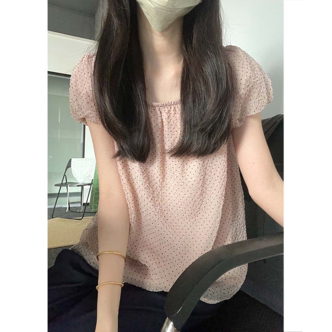 느긋한 디자인 센스 맨위 여름 도트 무늬 반팔 작은 셔츠 수 있습니다. 오프숄더 맨위 이미지 4
