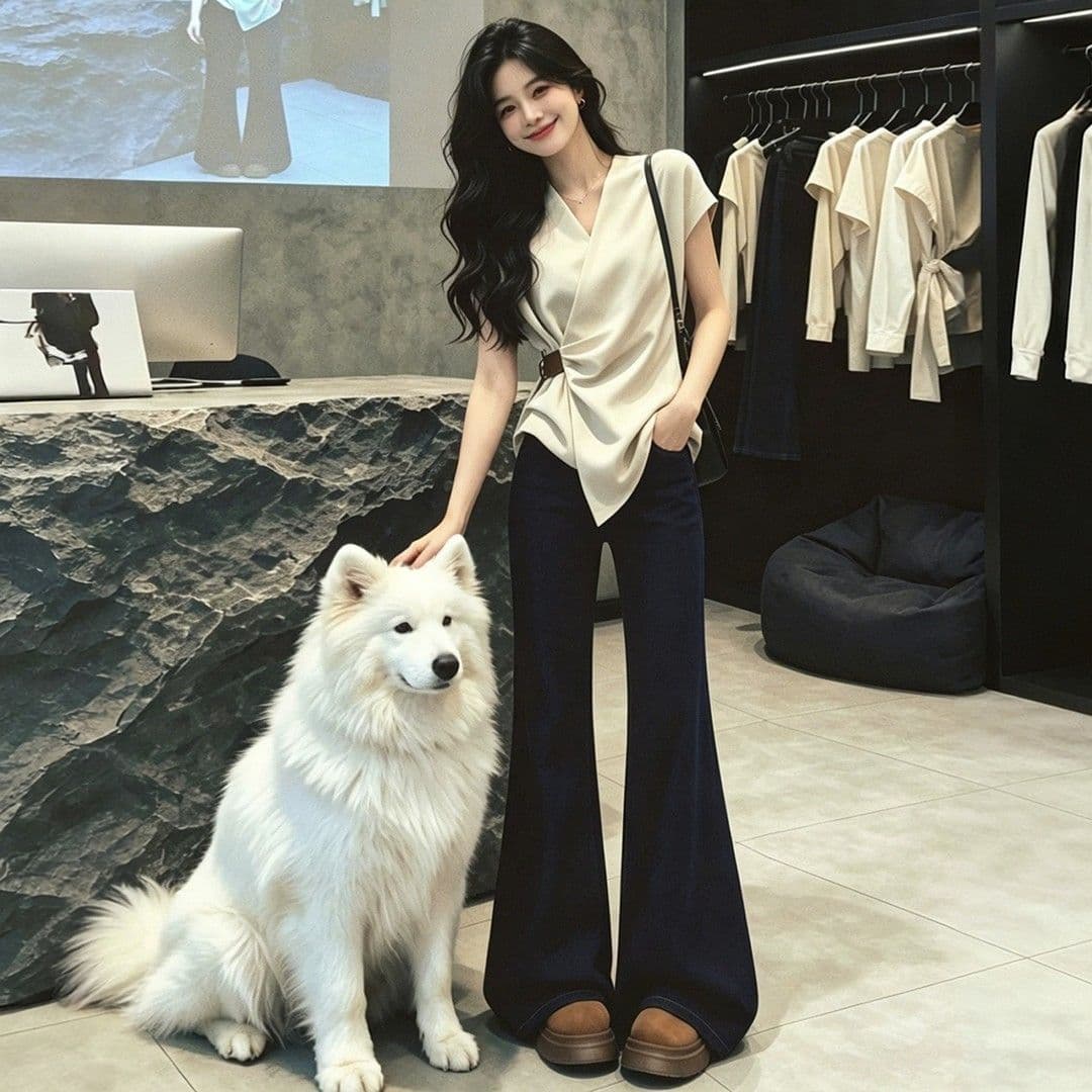 평직 공단 여름 몸매 가꾸기 슬림해 보이는 한국 스타일 출퇴근 패션 다용도 V넥 반팔 셔츠 맨위 이미지 2