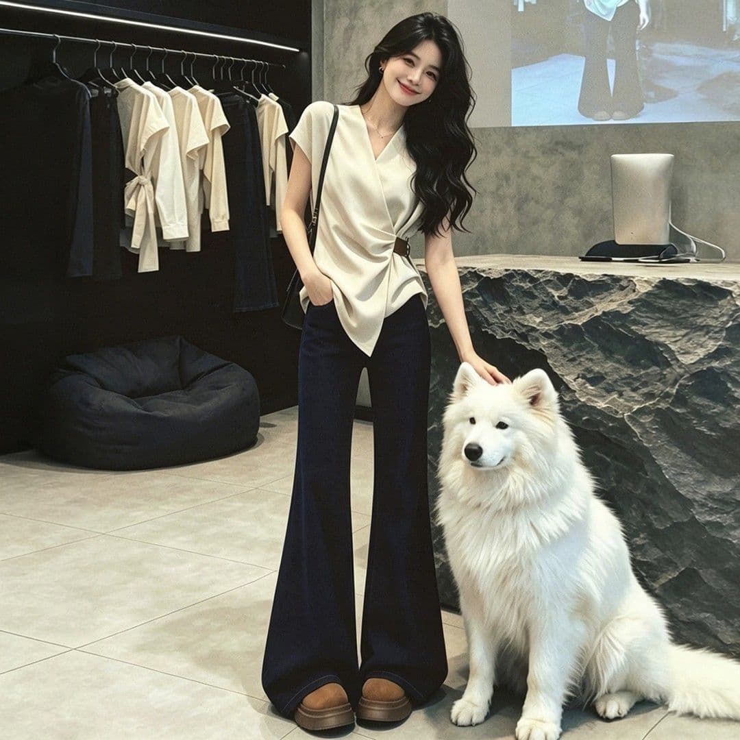 평직 공단 여름 몸매 가꾸기 슬림해 보이는 한국 스타일 출퇴근 패션 다용도 V넥 반팔 셔츠 맨위 이미지 4