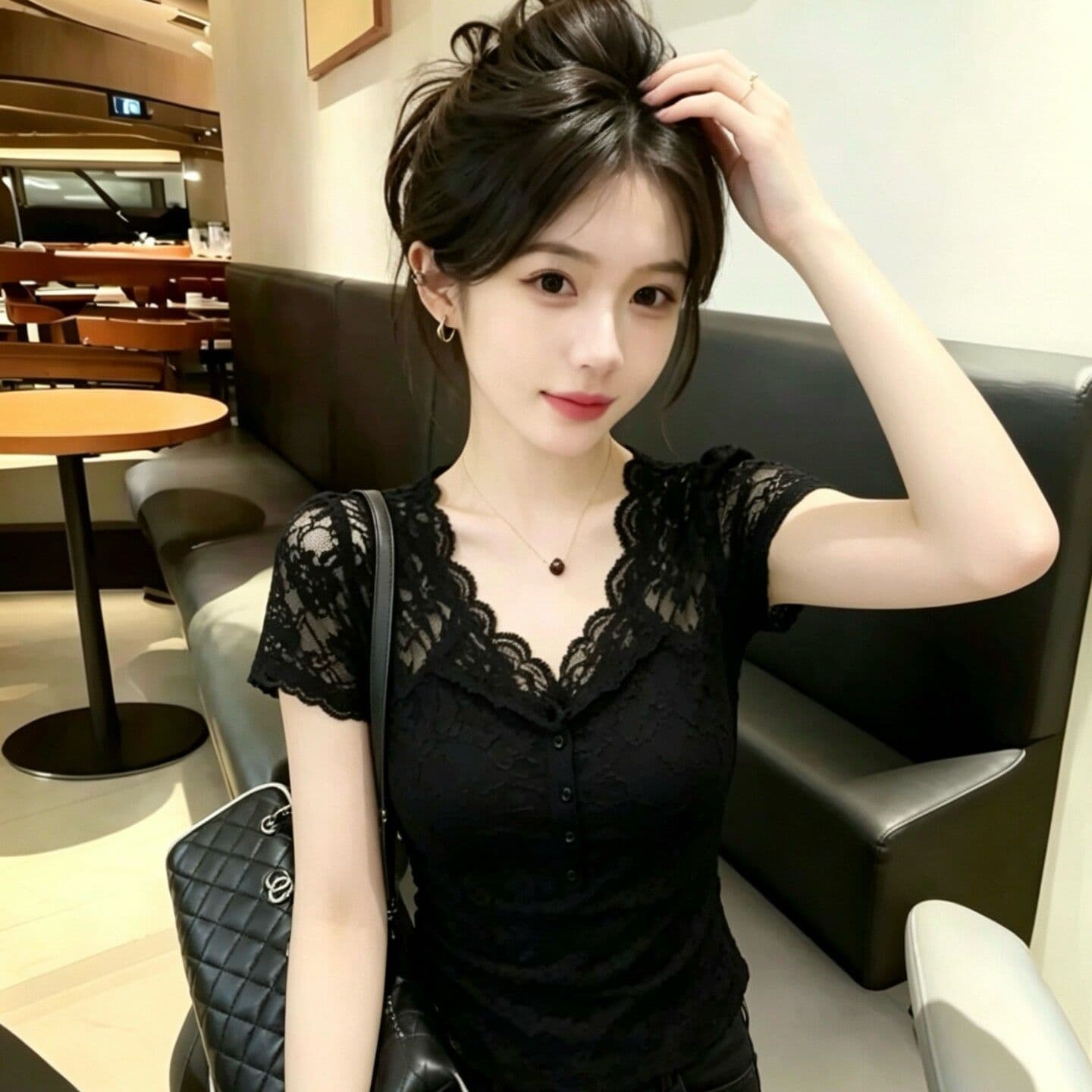 사람들 면 260 그램 핫걸 바람 V넥 반팔 여성 2026 년 여름 새로운 레이스 조각 몸매 가꾸기 맨위 이미지 4