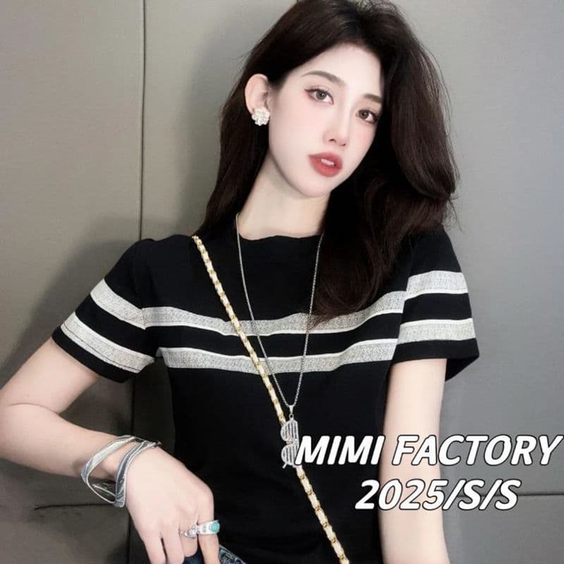순면 배색 스트라이프 라운드 넥 반팔 티셔츠 여성 2026 새로운 여름 외국 가스 고유 한 Chic 고급 센스 맨위 상세 이미지 2