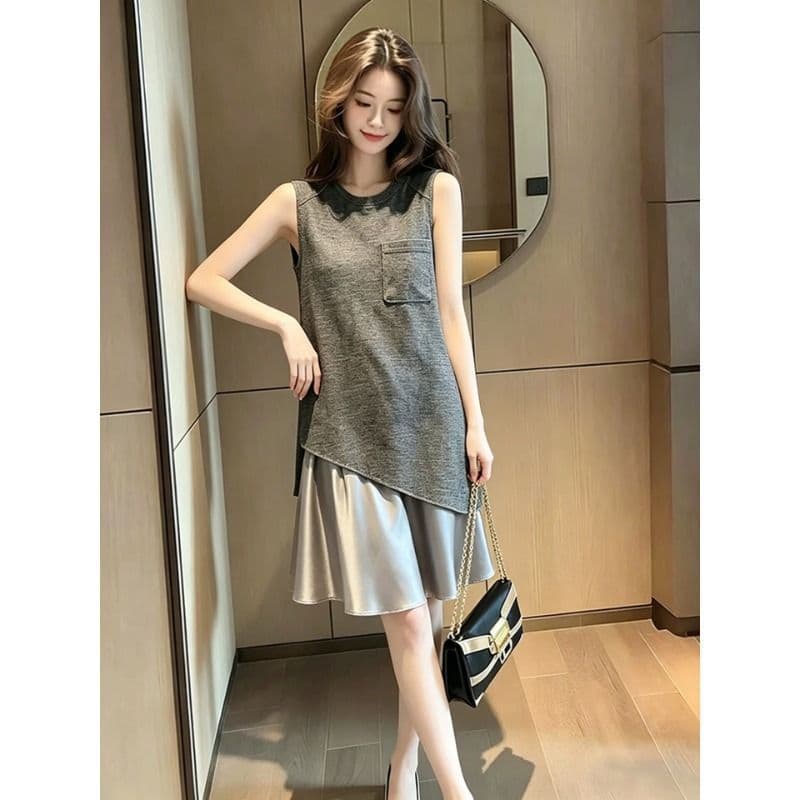 2026 초여름 새로운 자이언트 잘 생긴 치마 품격 명문 여성 단순한 관대 한 점잖은 회색 패치워크 민소매 드레스 이미지 4