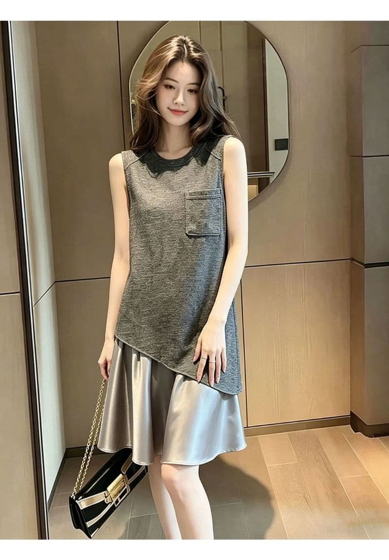 2026 초여름 새로운 자이언트 잘 생긴 치마 품격 명문 여성 단순한 관대 한 점잖은 회색 패치워크 민소매 드레스 상세 이미지 3