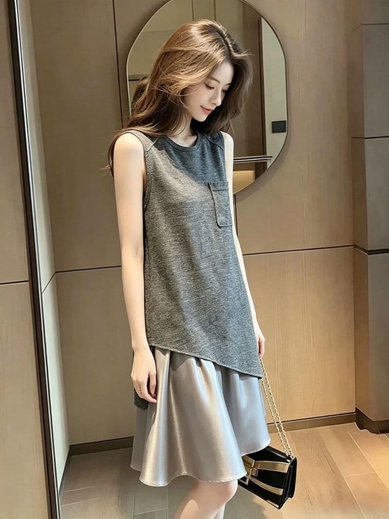 2026 초여름 새로운 자이언트 잘 생긴 치마 품격 명문 여성 단순한 관대 한 점잖은 회색 패치워크 민소매 드레스 상세 이미지 4