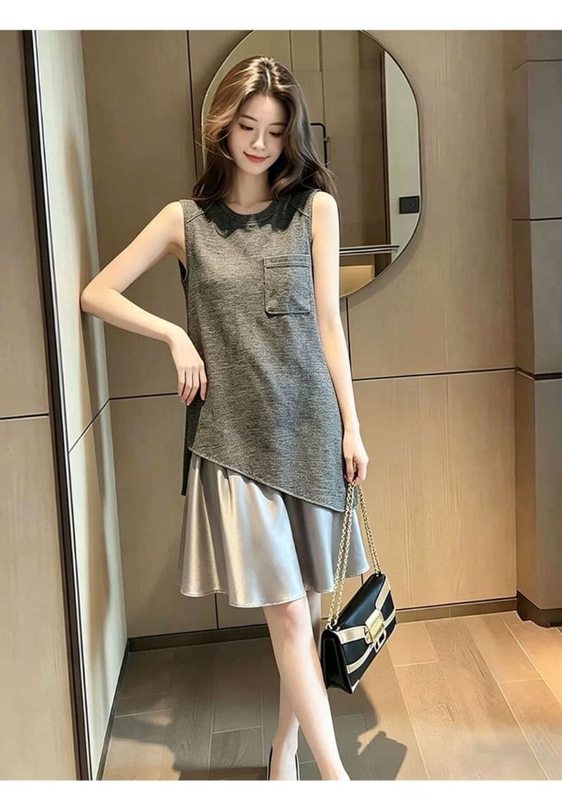 2026 초여름 새로운 자이언트 잘 생긴 치마 품격 명문 여성 단순한 관대 한 점잖은 회색 패치워크 민소매 드레스 상세 이미지 5