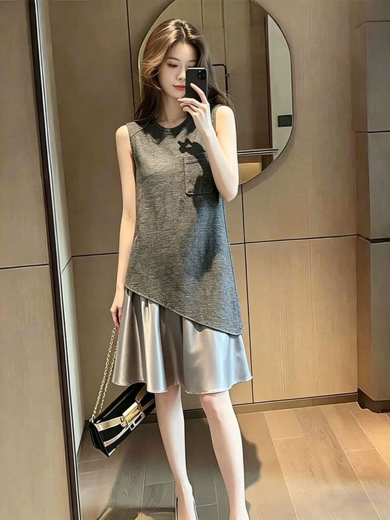 2026 초여름 새로운 자이언트 잘 생긴 치마 품격 명문 여성 단순한 관대 한 점잖은 회색 패치워크 민소매 드레스 상세 이미지 6