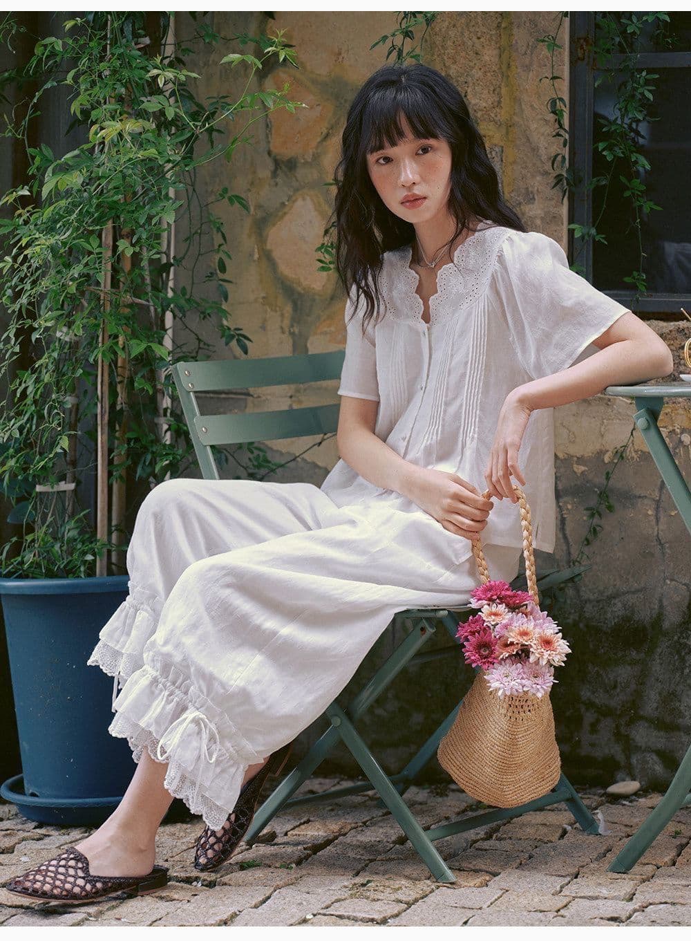 일본식 신선함 달콤함 전원 바람 레이스 측면 Chic 긴 바지 여름 새로운 루즈핏 얇고 가벼운 슬림해 보이는 캐주얼 바지 여성 상세 이미지 2