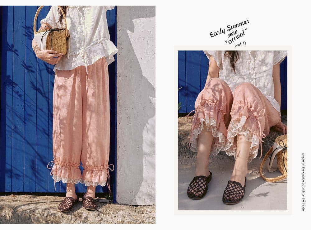 일본식 신선함 달콤함 전원 바람 레이스 측면 Chic 긴 바지 여름 새로운 루즈핏 얇고 가벼운 슬림해 보이는 캐주얼 바지 여성 상세 이미지 13