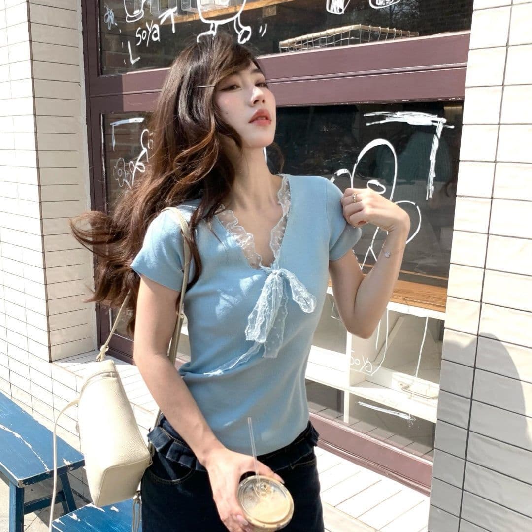 순면 레이스업 나비 매듭 디자인 패치워크 레이스 반팔 티셔츠 2026 여름 새로운 몸매 가꾸기 슬림해 보이는 맨위 ins 이미지 5