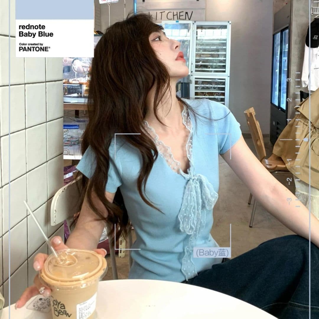 순면 레이스업 나비 매듭 디자인 패치워크 레이스 반팔 티셔츠 2026 여름 새로운 몸매 가꾸기 슬림해 보이는 맨위 ins 이미지 4