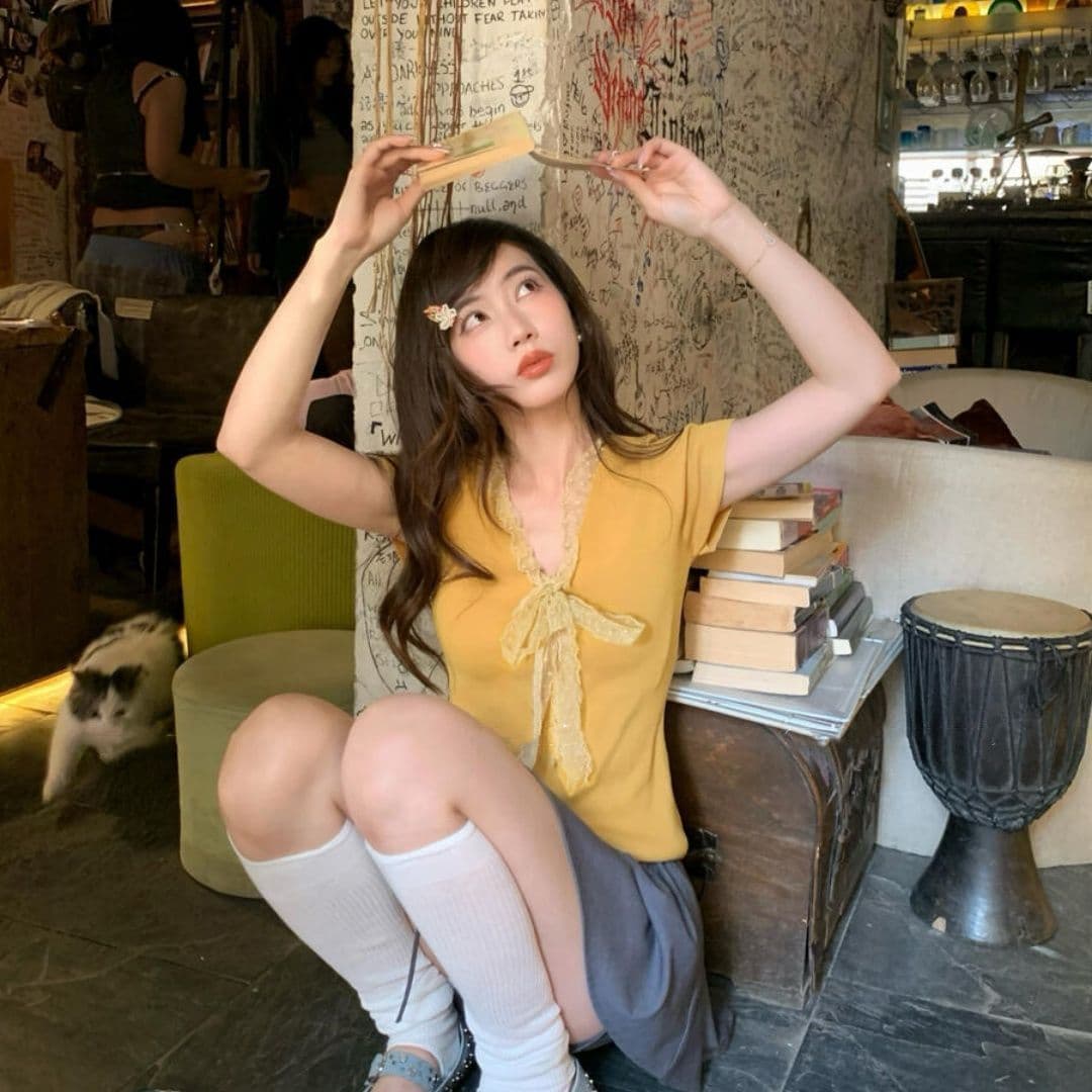 순면 레이스업 나비 매듭 디자인 패치워크 레이스 반팔 티셔츠 2026 여름 새로운 몸매 가꾸기 슬림해 보이는 맨위 ins 상세 이미지 4