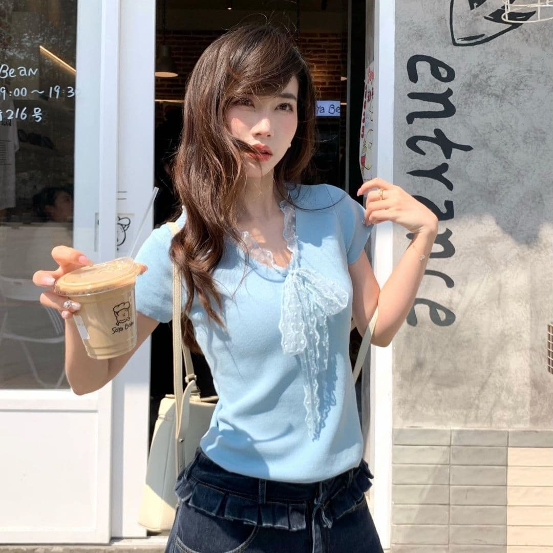 순면 레이스업 나비 매듭 디자인 패치워크 레이스 반팔 티셔츠 2026 여름 새로운 몸매 가꾸기 슬림해 보이는 맨위 ins 상세 이미지 7