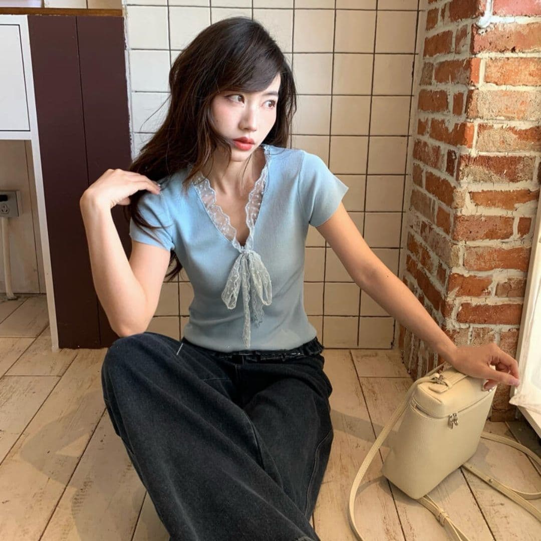 순면 레이스업 나비 매듭 디자인 패치워크 레이스 반팔 티셔츠 2026 여름 새로운 몸매 가꾸기 슬림해 보이는 맨위 ins 상세 이미지 8