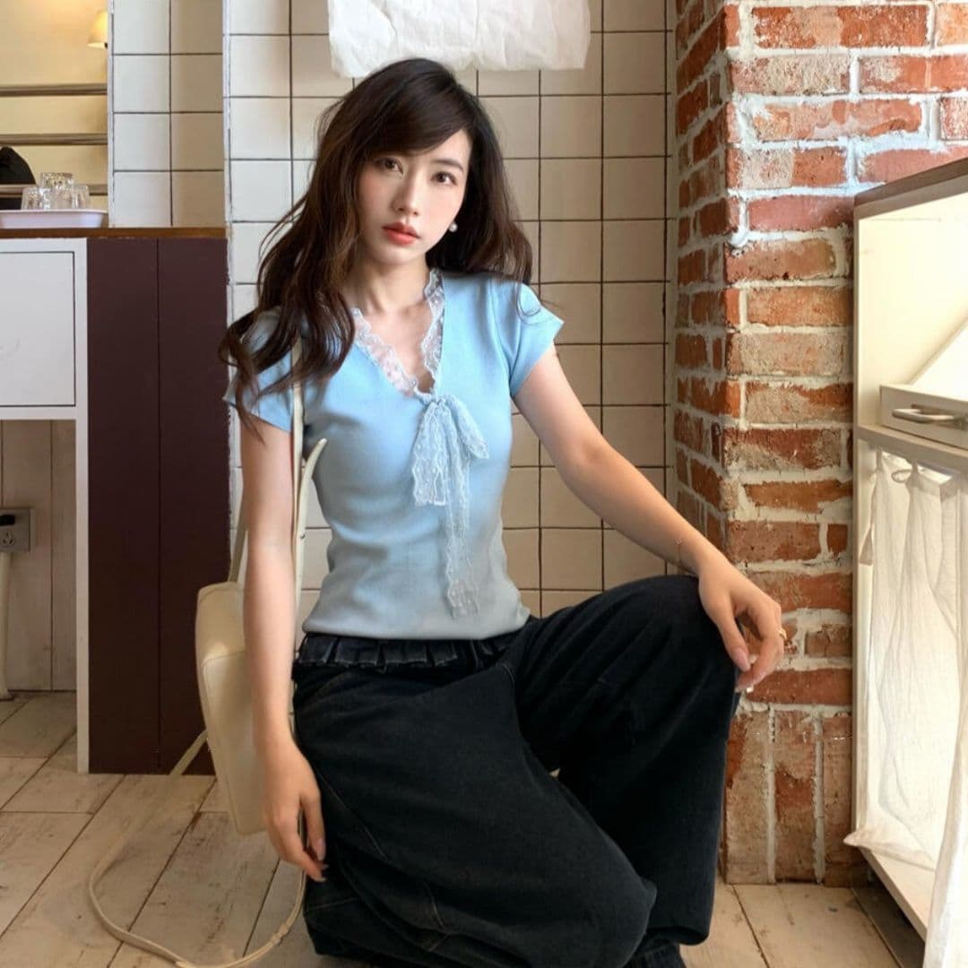 순면 레이스업 나비 매듭 디자인 패치워크 레이스 반팔 티셔츠 2026 여름 새로운 몸매 가꾸기 슬림해 보이는 맨위 ins 상세 이미지 9