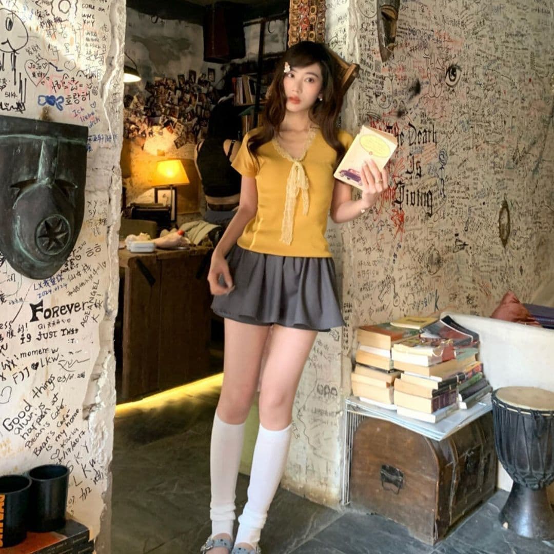 순면 레이스업 나비 매듭 디자인 패치워크 레이스 반팔 티셔츠 2026 여름 새로운 몸매 가꾸기 슬림해 보이는 맨위 ins 상세 이미지 10