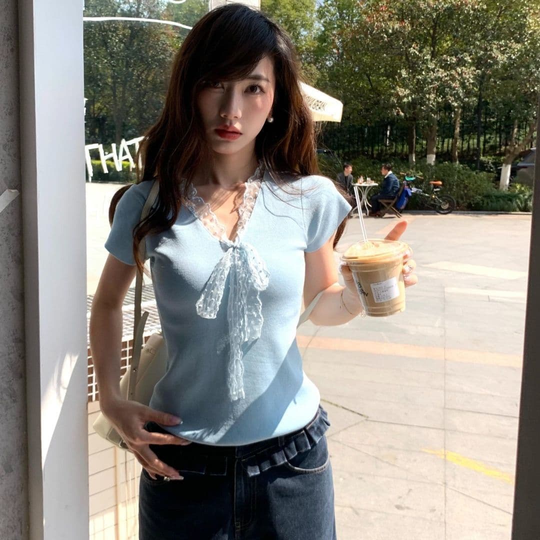 순면 레이스업 나비 매듭 디자인 패치워크 레이스 반팔 티셔츠 2026 여름 새로운 몸매 가꾸기 슬림해 보이는 맨위 ins 상세 이미지 11