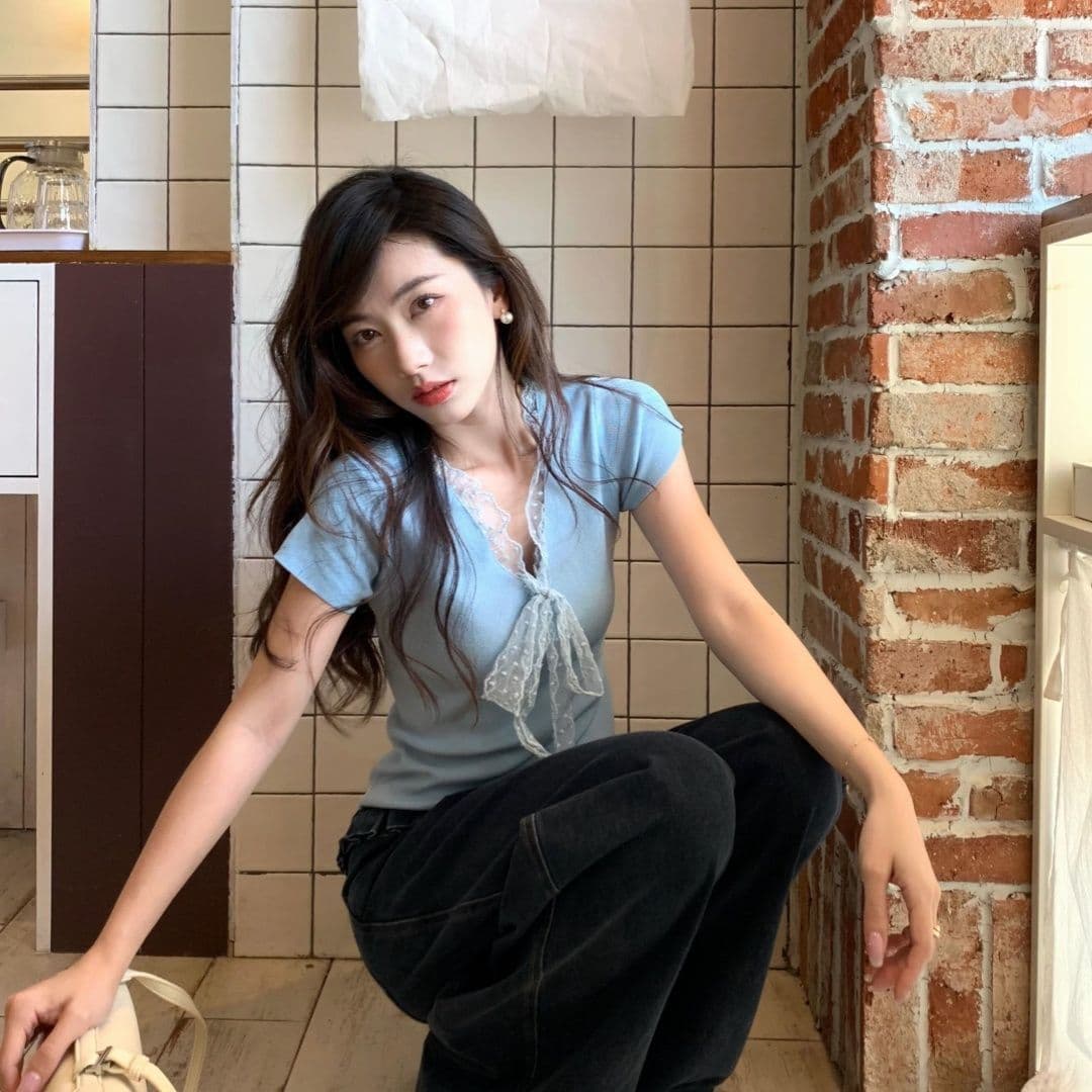 순면 레이스업 나비 매듭 디자인 패치워크 레이스 반팔 티셔츠 2026 여름 새로운 몸매 가꾸기 슬림해 보이는 맨위 ins 상세 이미지 12