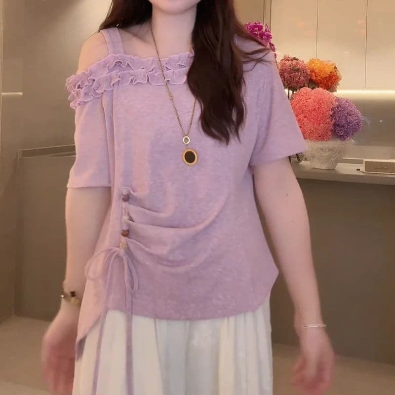 프랑스식 순수한 욕망 바람이 아닙니다. 규칙 비스듬한 칼라 오프숄더 티셔츠 여성 2026 여름 연령 감소 디자인 센스 낭만주의 반팔 맨위 이미지 2