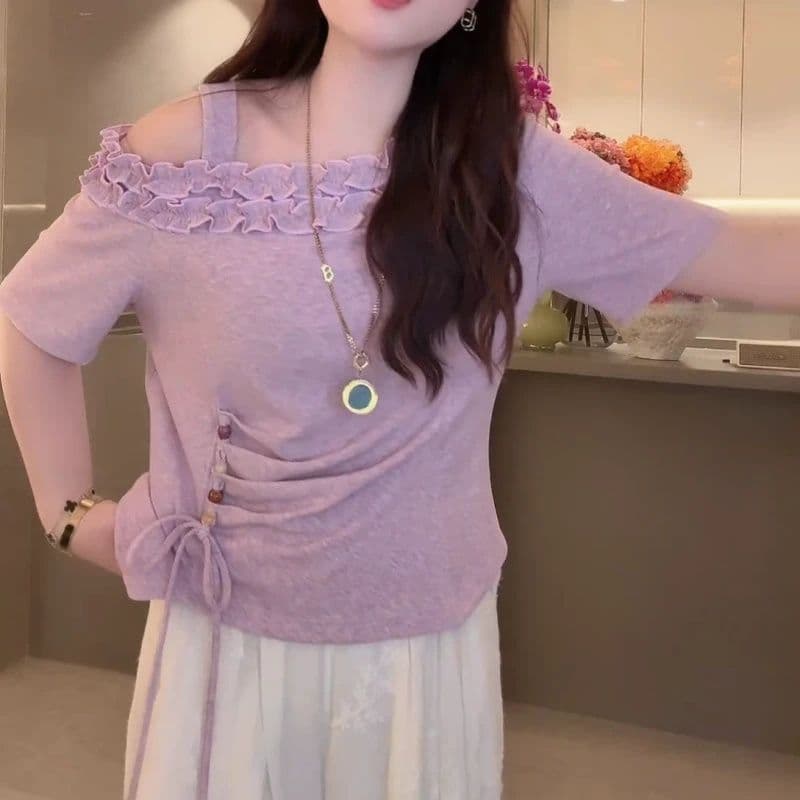 프랑스식 순수한 욕망 바람이 아닙니다. 규칙 비스듬한 칼라 오프숄더 티셔츠 여성 2026 여름 연령 감소 디자인 센스 낭만주의 반팔 맨위 이미지 3