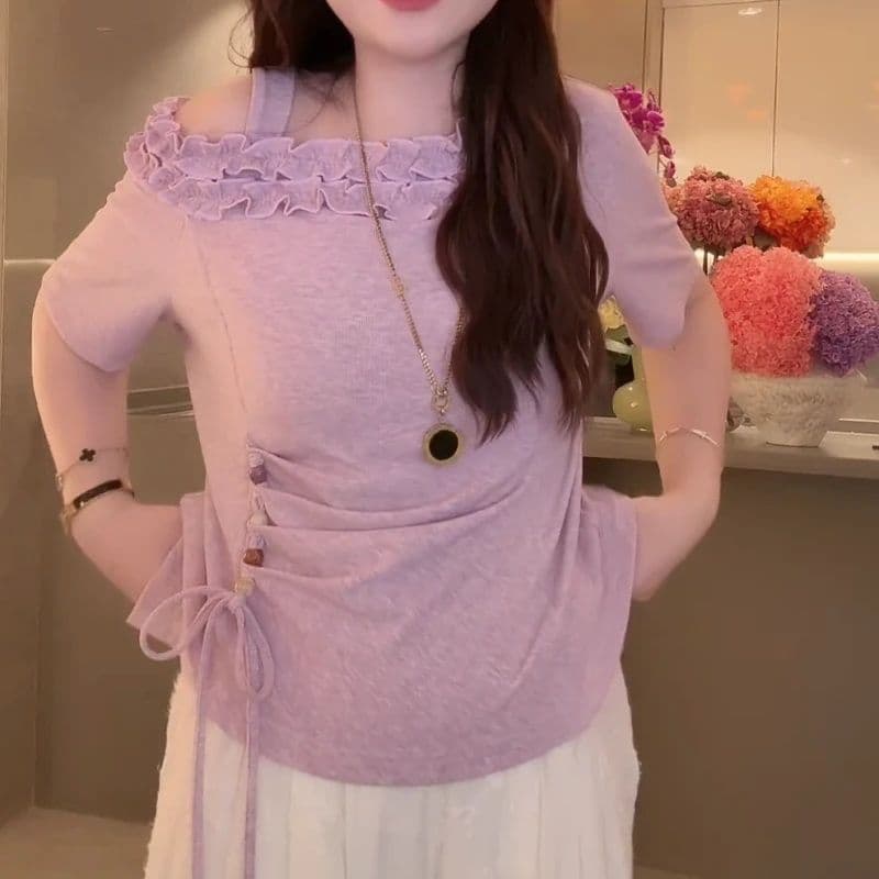프랑스식 순수한 욕망 바람이 아닙니다. 규칙 비스듬한 칼라 오프숄더 티셔츠 여성 2026 여름 연령 감소 디자인 센스 낭만주의 반팔 맨위 상세 이미지 1