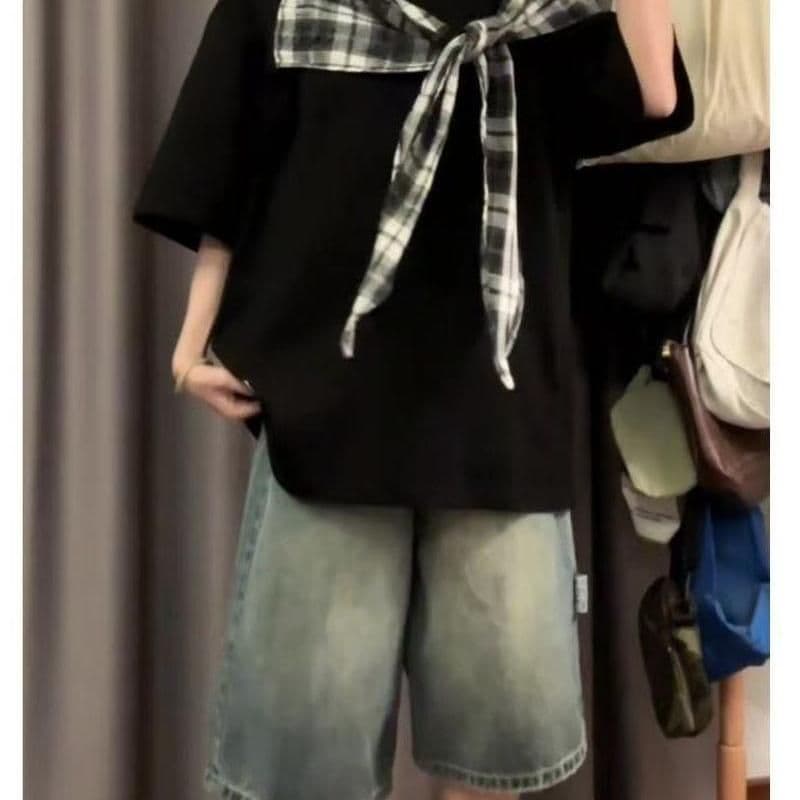 순면 아메리칸 나비 매듭 스트랩 반팔 티셔츠 여성 여름 디자인 센스 루즈핏 슬림해 보이는 느긋한 휴식 센스 맨위