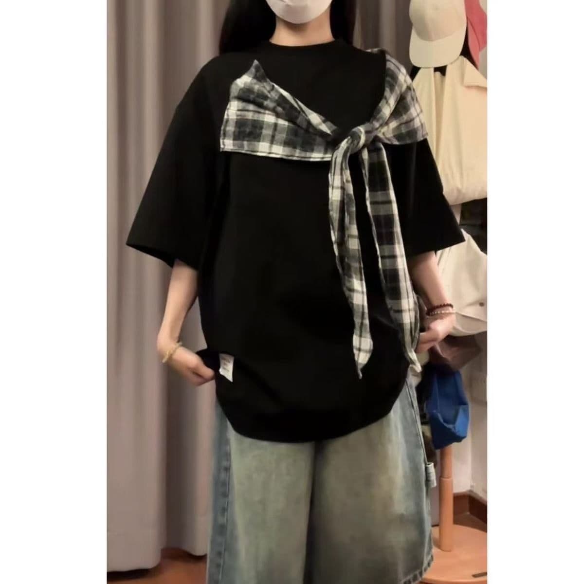 순면 아메리칸 나비 매듭 스트랩 반팔 티셔츠 여성 여름 디자인 센스 루즈핏 슬림해 보이는 느긋한 휴식 센스 맨위 상세 이미지 1