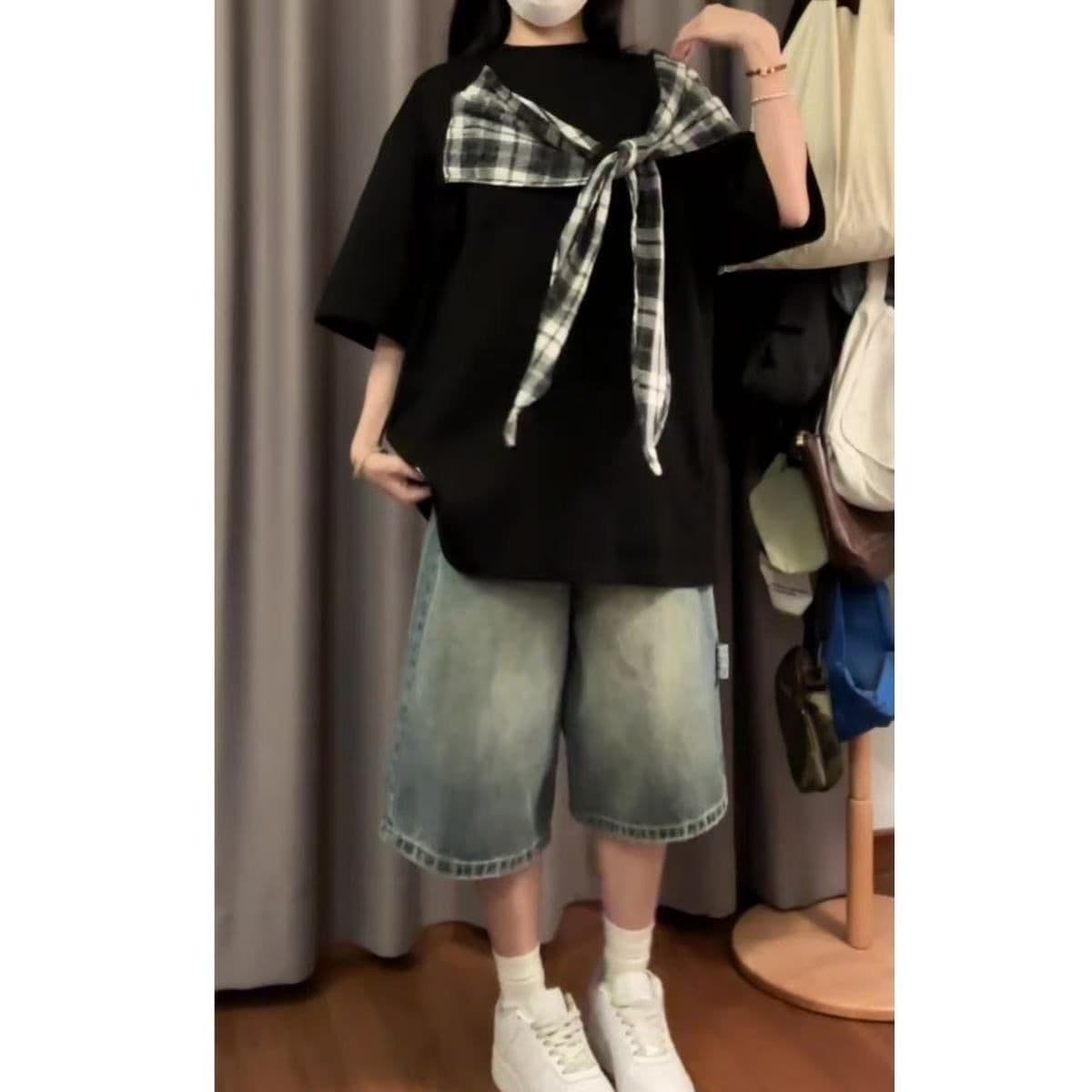 순면 아메리칸 나비 매듭 스트랩 반팔 티셔츠 여성 여름 디자인 센스 루즈핏 슬림해 보이는 느긋한 휴식 센스 맨위 상세 이미지 7
