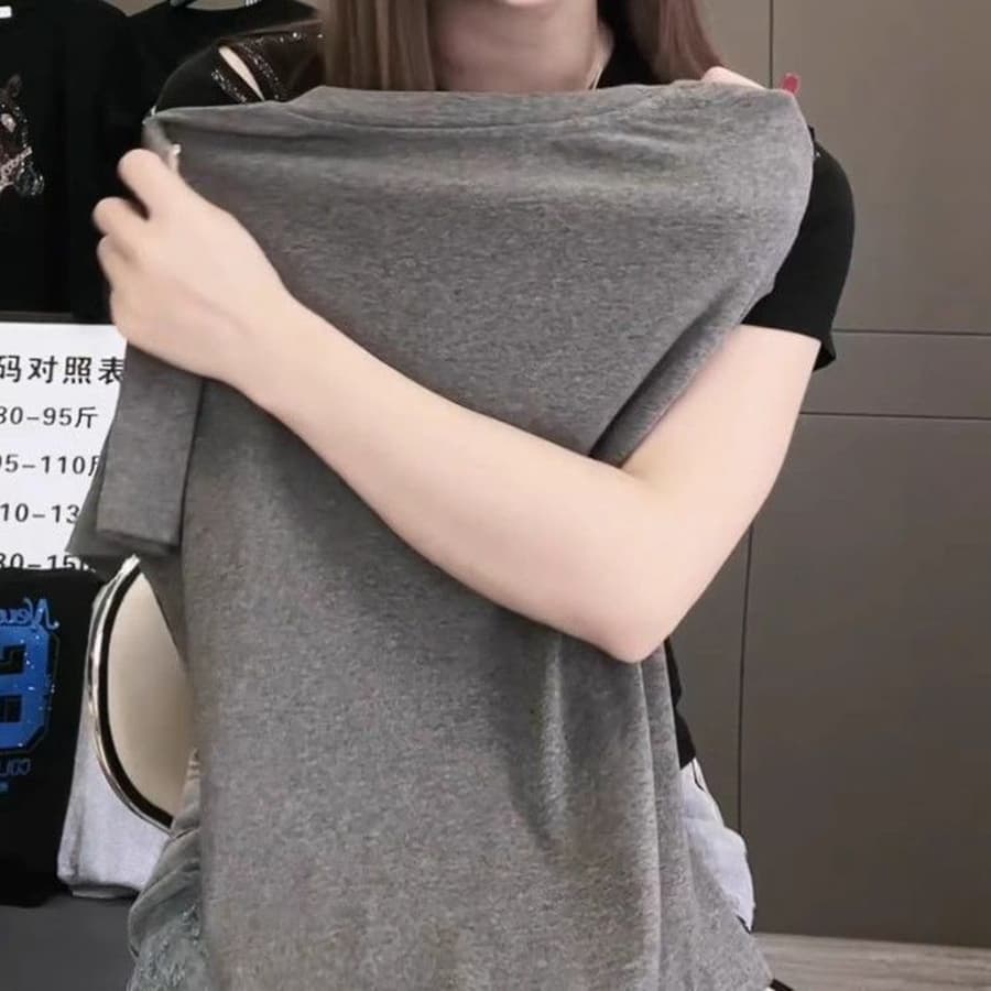 순면 페이크 레이어드 패치워크 디자인 센스 반팔 맨위 여성 여름 새로운 다용도 캐주얼 슬림해 보이는 패션 티셔츠 여성 이미지 2
