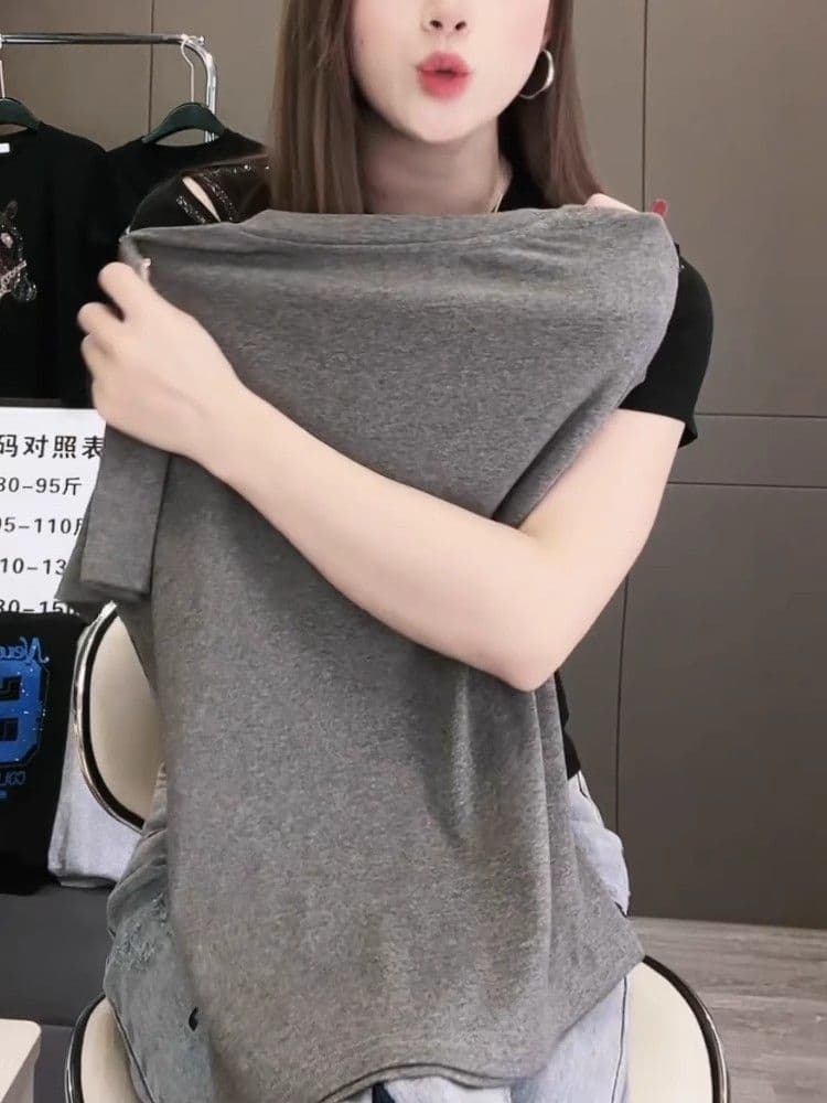 순면 페이크 레이어드 패치워크 디자인 센스 반팔 맨위 여성 여름 새로운 다용도 캐주얼 슬림해 보이는 패션 티셔츠 여성 상세 이미지 5
