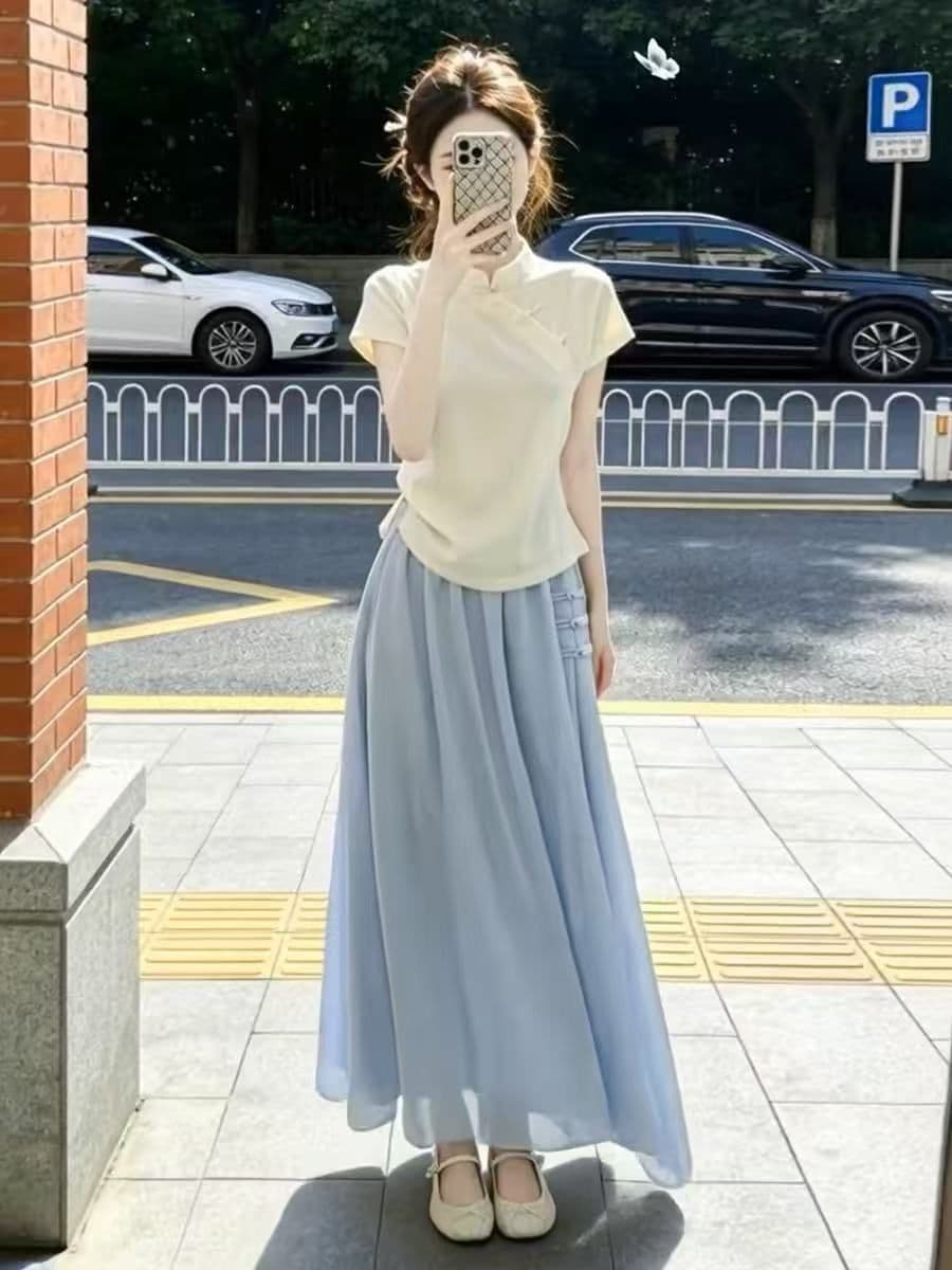 새로운 중식 국풍 아름다운 치파오 반팔 맨위 세트 2026 새로운 품격 점프 슈트 치마 롱 스커트 여성 여름 상세 이미지 5