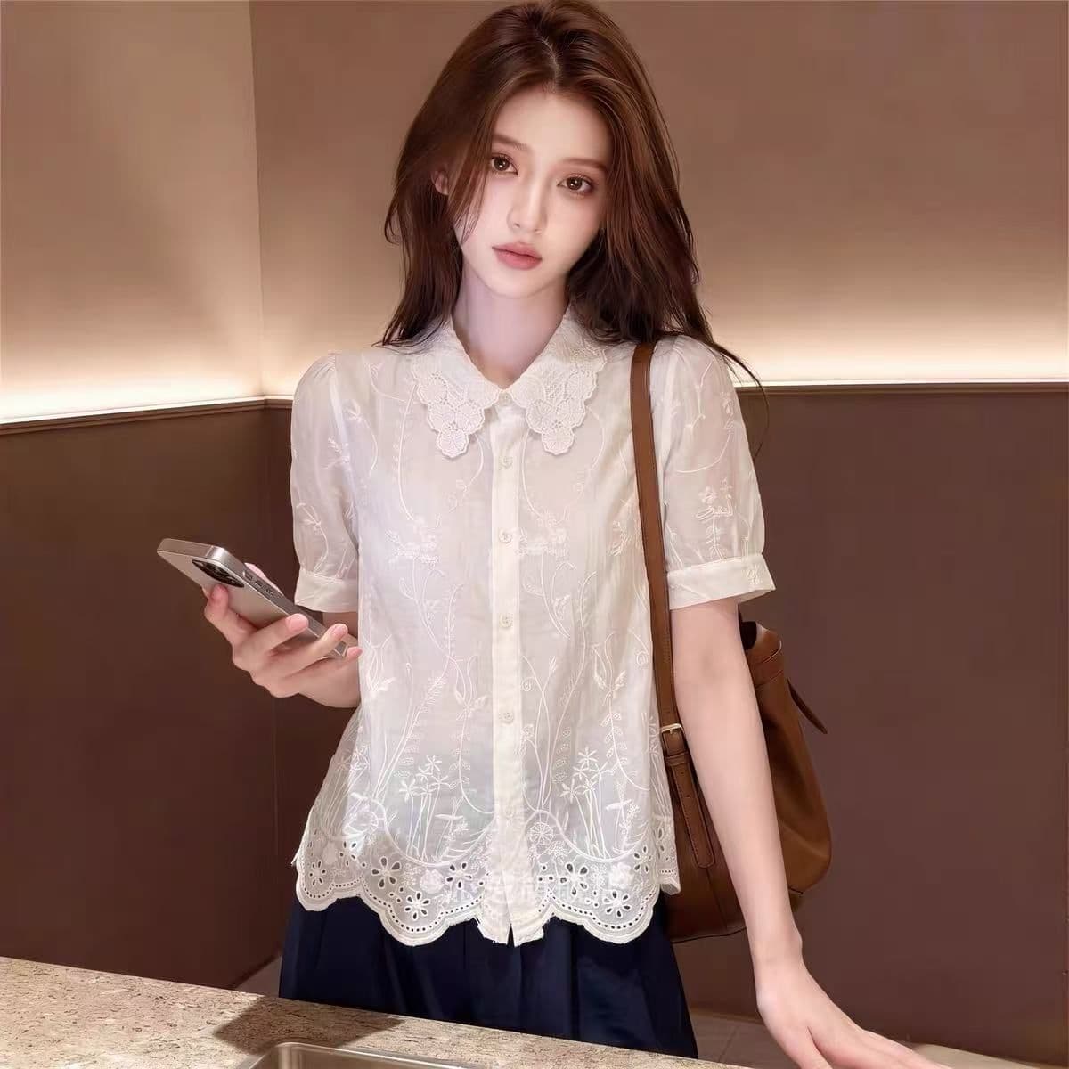 홀로우 아웃 자수 레이스 POLO 칼라 반팔 여성 셔츠 여름 한 부서 달콤함 고급 센스 빛 럭셔리 연령 감소 외국 가스 셔츠 이미지 5
