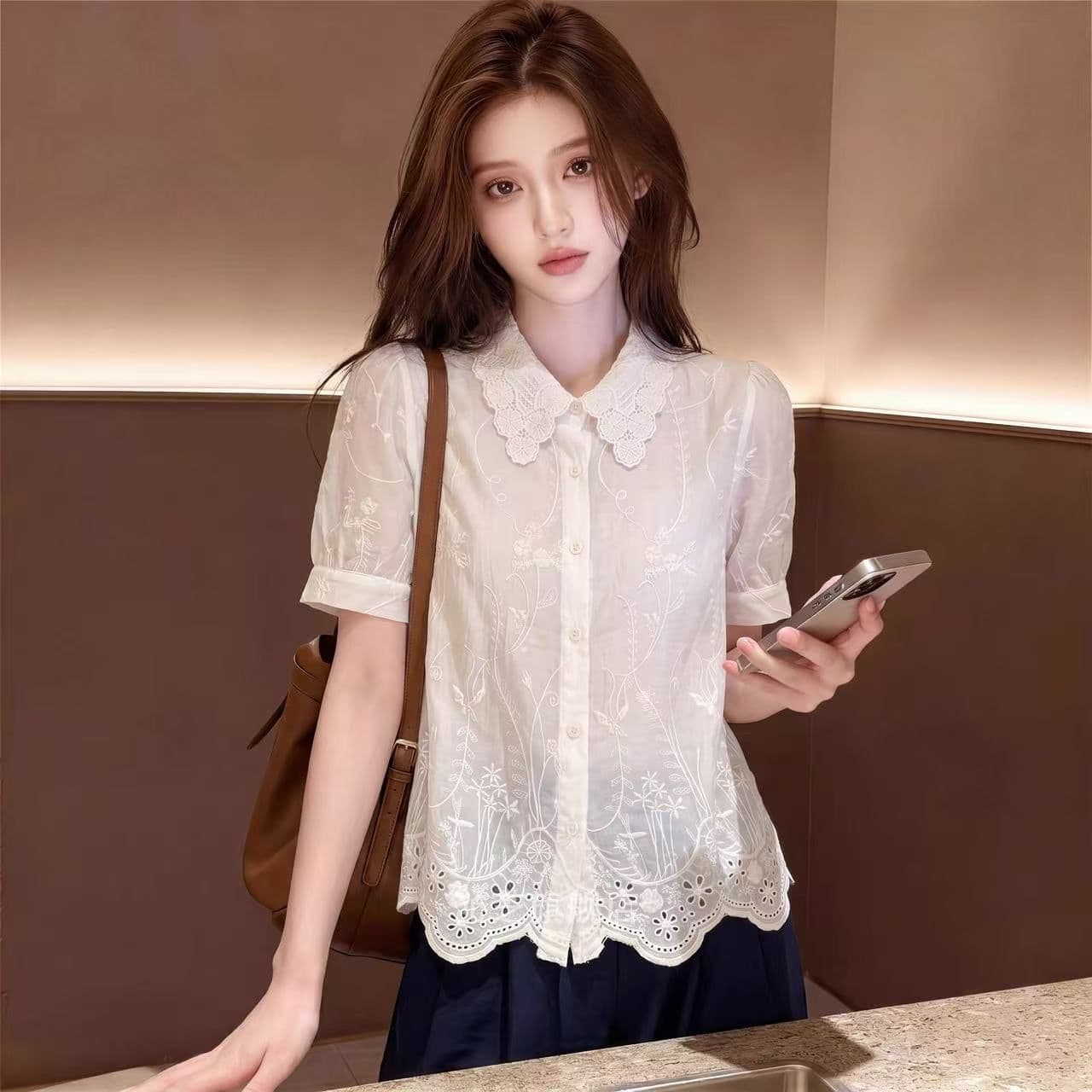 홀로우 아웃 자수 레이스 POLO 칼라 반팔 여성 셔츠 여름 한 부서 달콤함 고급 센스 빛 럭셔리 연령 감소 외국 가스 셔츠 상세 이미지 1