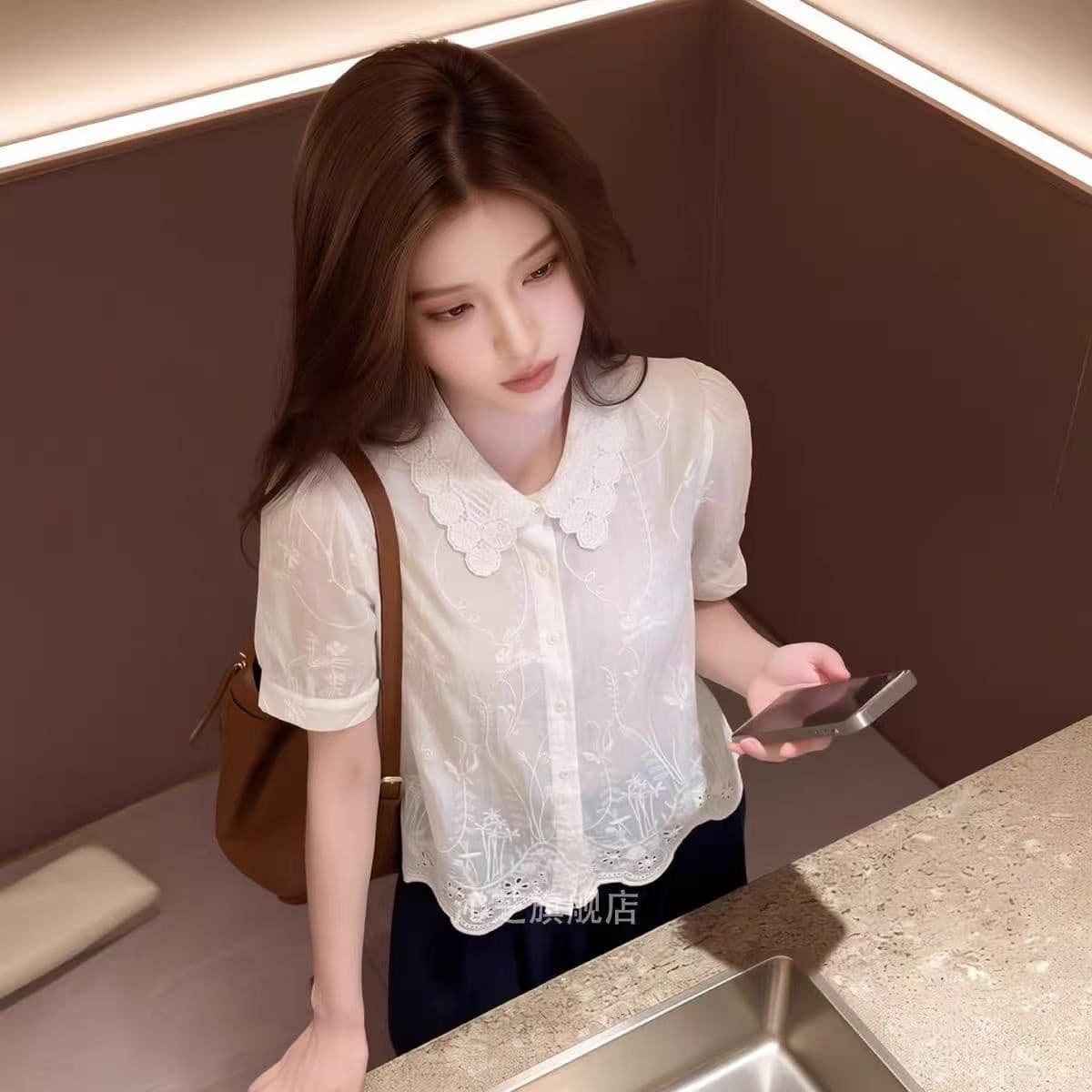 홀로우 아웃 자수 레이스 POLO 칼라 반팔 여성 셔츠 여름 한 부서 달콤함 고급 센스 빛 럭셔리 연령 감소 외국 가스 셔츠 상세 이미지 5