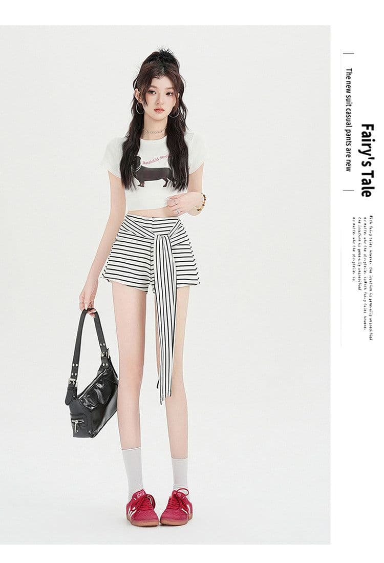 후아 남편 그리드 복합 우유 실크 핫걸 흑백 줄무늬 배색 스트랩 나비 매듭 와이드 레그 팬츠 핫 바지 반바지 여성 상세 이미지 13