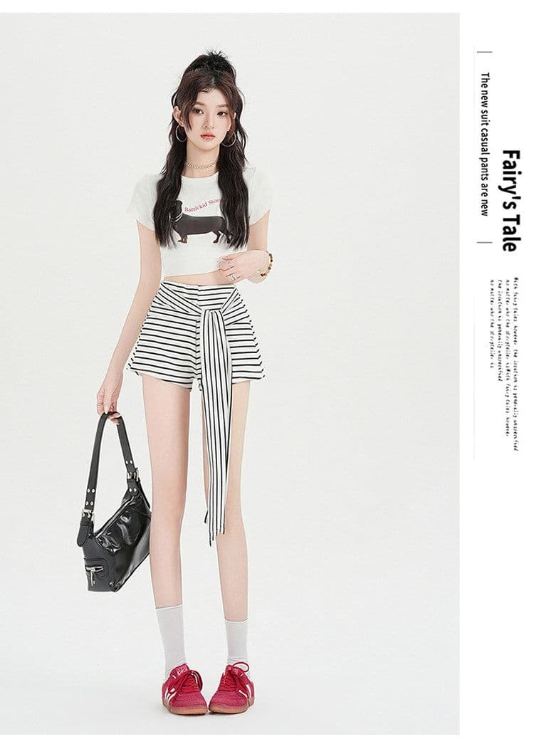 후아 남편 그리드 복합 우유 실크 핫걸 흑백 줄무늬 배색 스트랩 나비 매듭 와이드 레그 팬츠 핫 바지 반바지 여성 상세 이미지 18