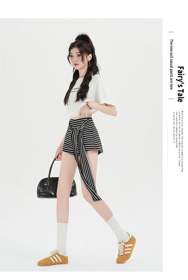 후아 남편 그리드 복합 우유 실크 핫걸 흑백 줄무늬 배색 스트랩 나비 매듭 와이드 레그 팬츠 핫 바지 반바지 여성 상세 이미지 29