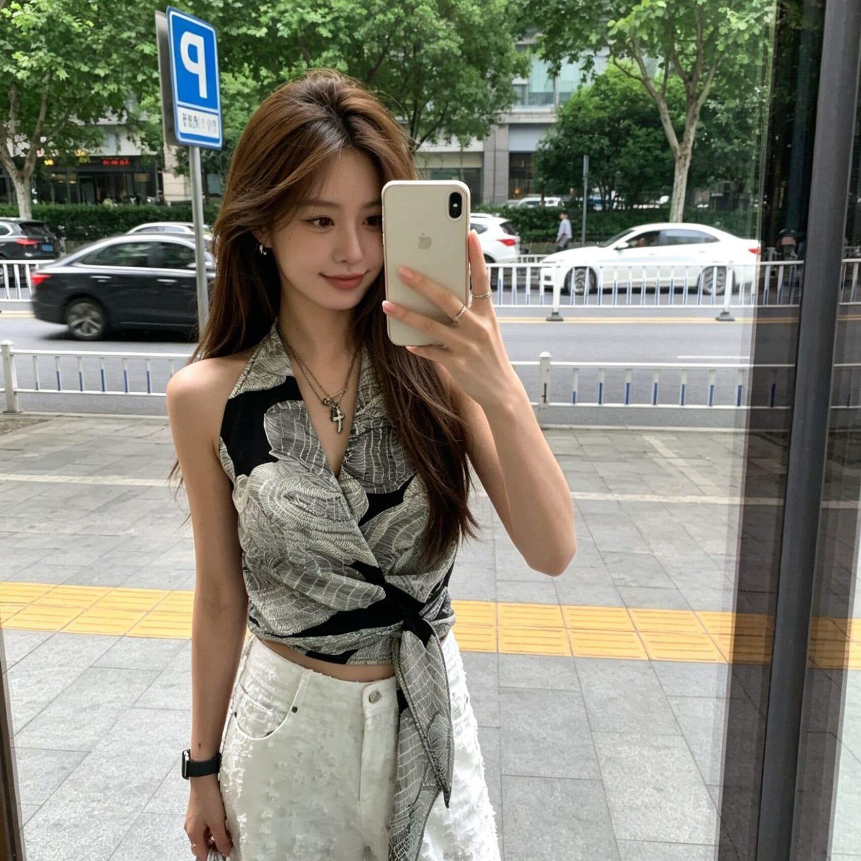 디자인 센스 레트로 프린트 십자가 V넥 행침 목 캐미솔 여름 스트랩 외출용 맨위 이미지 2