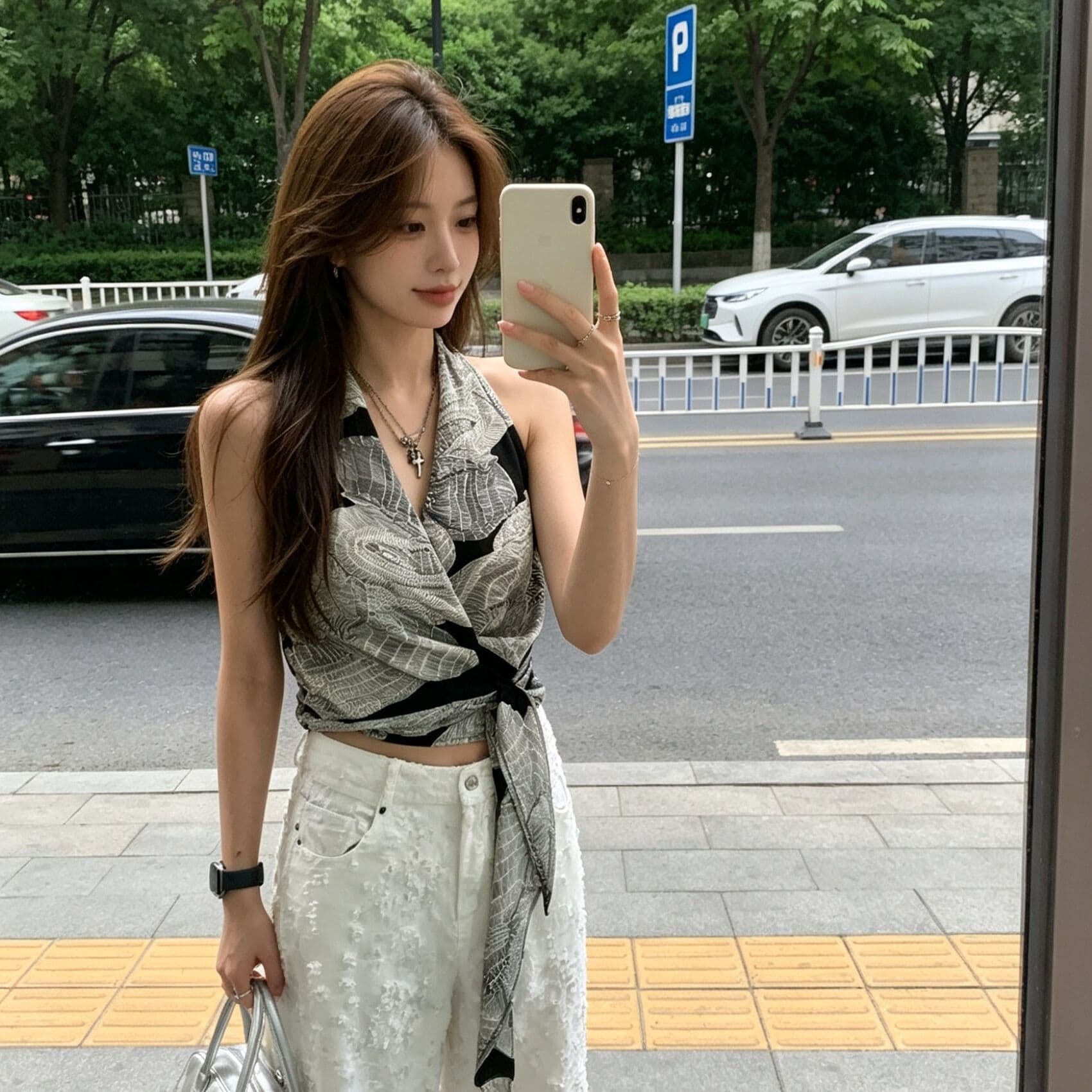 디자인 센스 레트로 프린트 십자가 V넥 행침 목 캐미솔 여름 스트랩 외출용 맨위 이미지 3