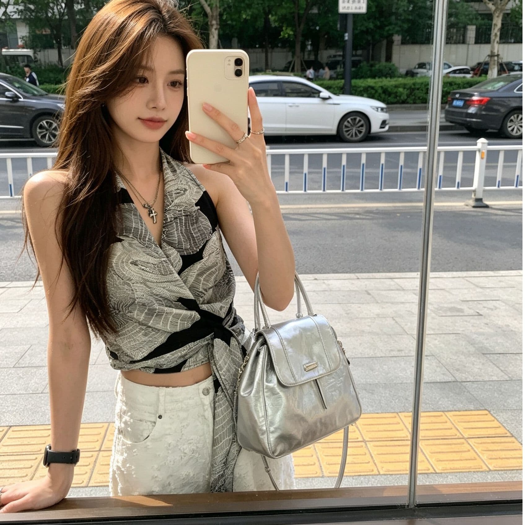 디자인 센스 레트로 프린트 십자가 V넥 행침 목 캐미솔 여름 스트랩 외출용 맨위 이미지 5