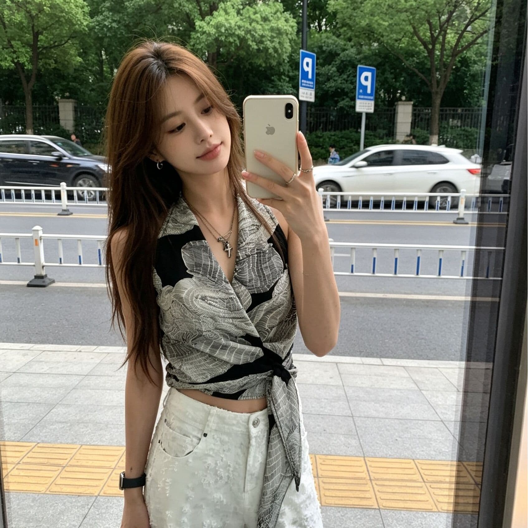 디자인 센스 레트로 프린트 십자가 V넥 행침 목 캐미솔 여름 스트랩 외출용 맨위