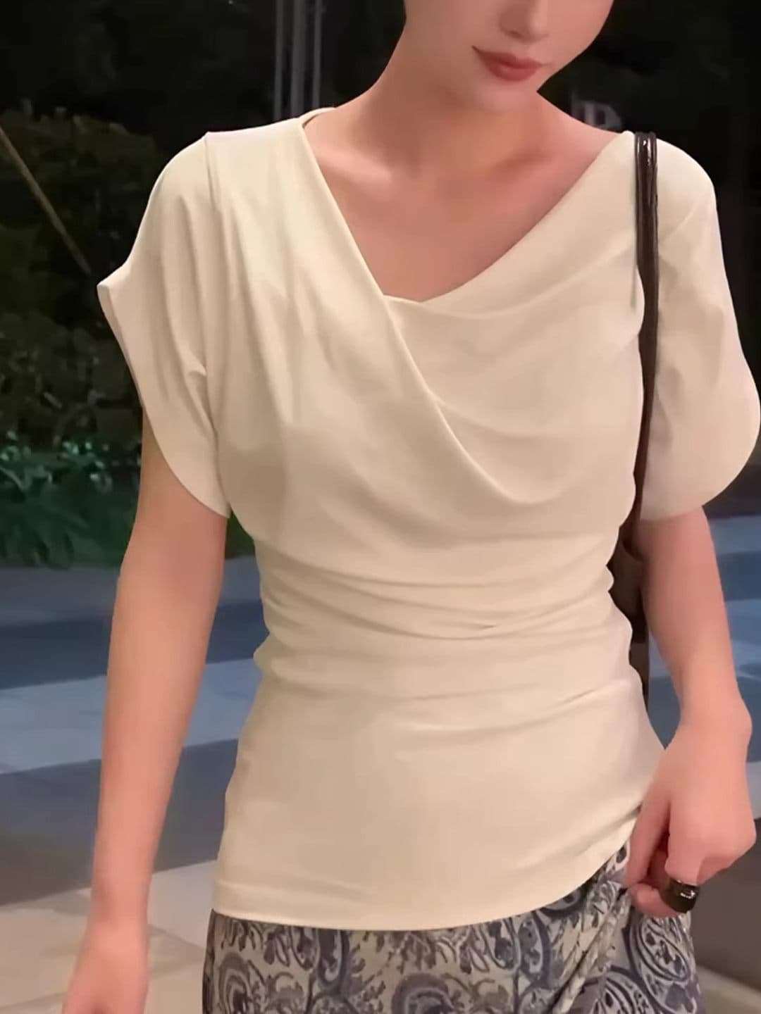 모달 사람들 면 260 그램 프랑스식 화이트 반팔 여성 여름 티셔츠 품격 흔들다 칼라 허리 수축 맨위 트렌디 이미지 2