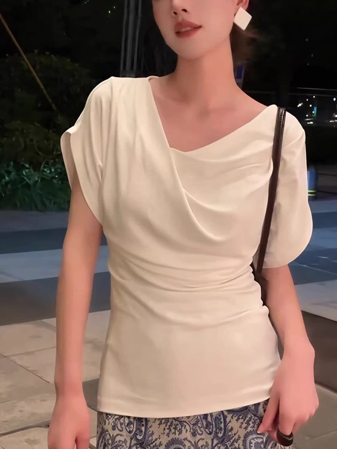 모달 사람들 면 260 그램 프랑스식 화이트 반팔 여성 여름 티셔츠 품격 흔들다 칼라 허리 수축 맨위 트렌디 상세 이미지 1