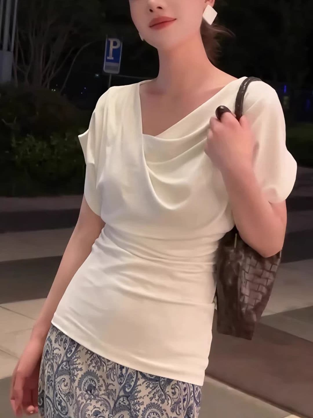 모달 사람들 면 260 그램 프랑스식 화이트 반팔 여성 여름 티셔츠 품격 흔들다 칼라 허리 수축 맨위 트렌디 상세 이미지 4