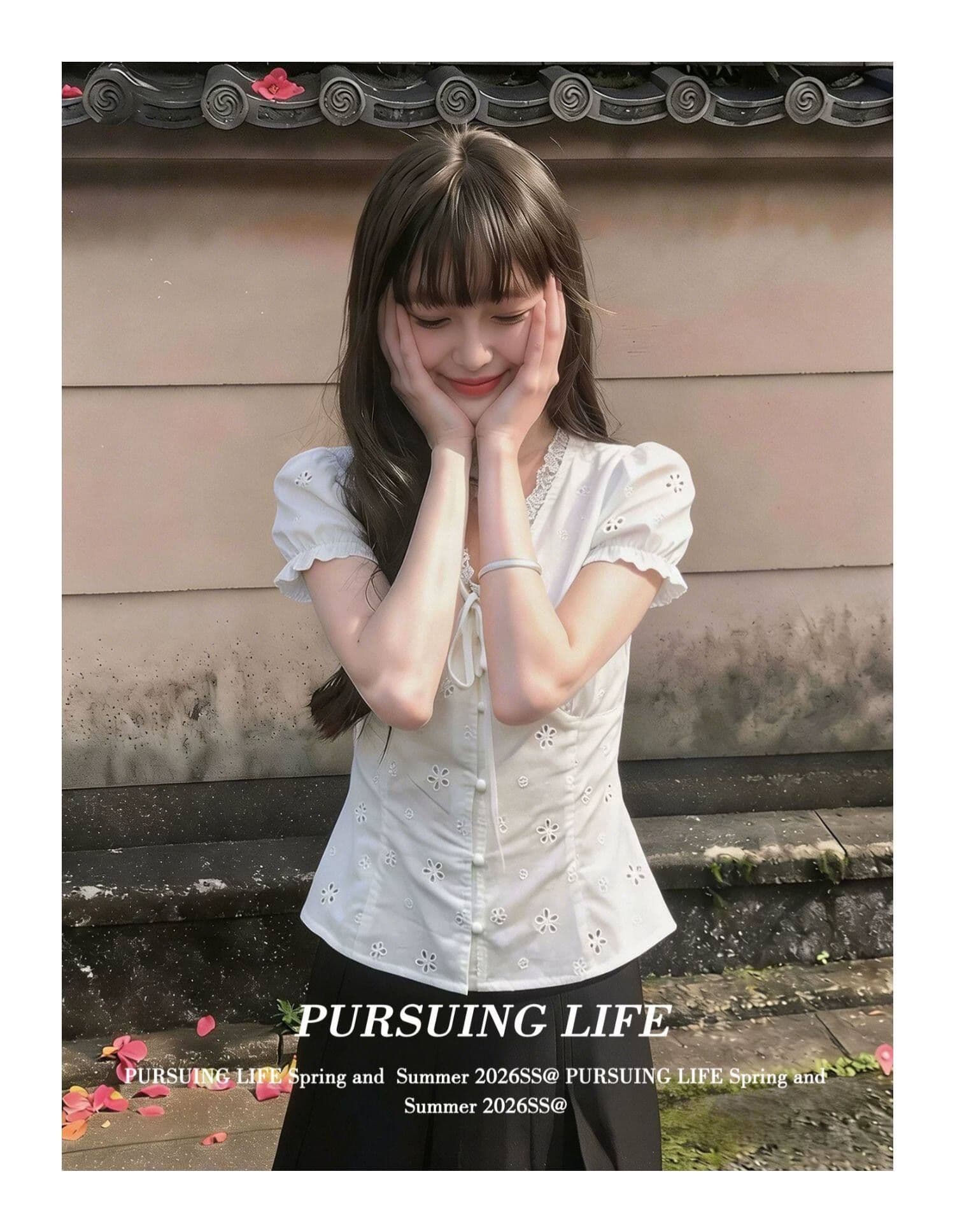 원본 원단 있음 네리 한 부서 V넥 레이스 반팔 여성 셔츠 여름 거품 소매 셔츠 맨위 상세 이미지 5