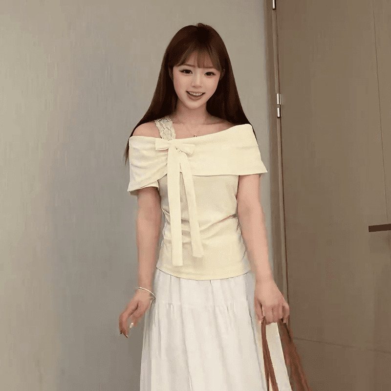 불규칙 레이스 오프숄더 반팔 여성 티셔츠 여성 여름 오프숄더 허리 수축 슬림해 보이는 맨위 상세 이미지 4