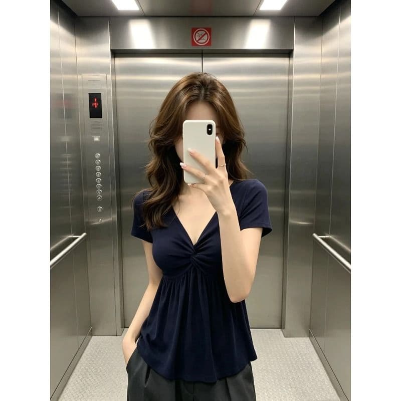 순수한 욕망 품격 비틀림 V넥 허리 수축 티셔츠 여성 여름 고급 센스 슬림해 보이는 아름다운 맨위 이미지 2