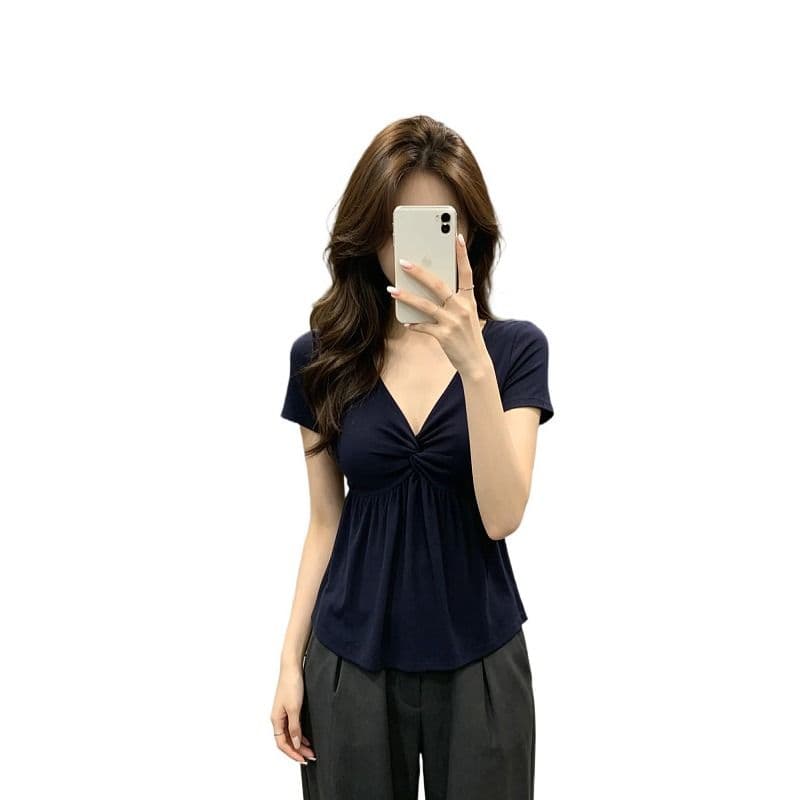순수한 욕망 품격 비틀림 V넥 허리 수축 티셔츠 여성 여름 고급 센스 슬림해 보이는 아름다운 맨위 이미지 5