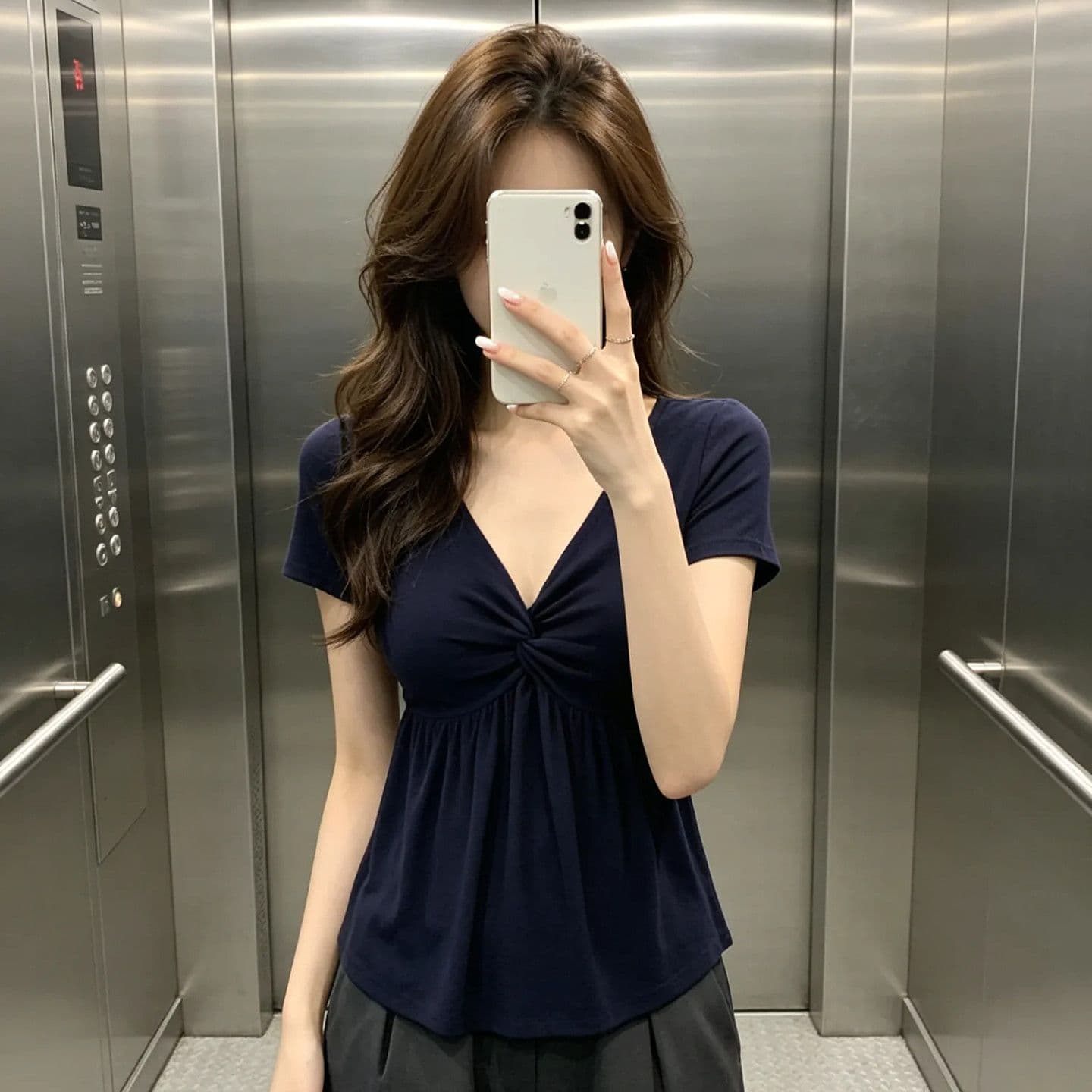 순수한 욕망 품격 비틀림 V넥 허리 수축 티셔츠 여성 여름 고급 센스 슬림해 보이는 아름다운 맨위 상세 이미지 4